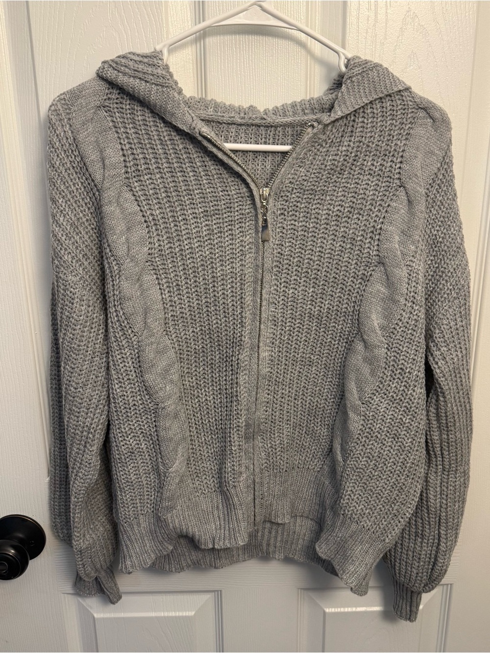 SHEIN Gray Chunky Knit Zip Up Hooded Sweater